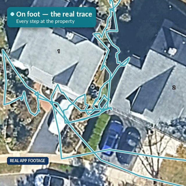 Real TRUCE capture: the technician's walking trace at a customer's property, REAL APP FOOTAGE