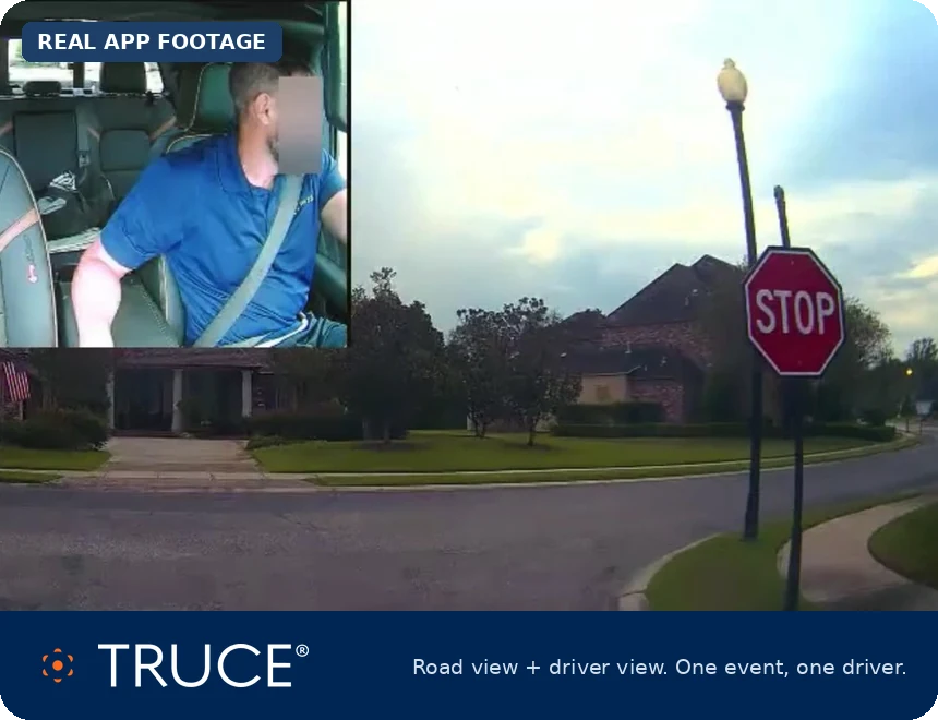 TRUCE AI dash camera: road view and driver view of one event, with the TRUCE mark