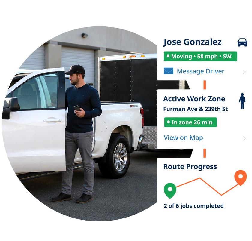 Landscape crew member by his truck and trailer with TRUCE live driver, work-zone, and route cards