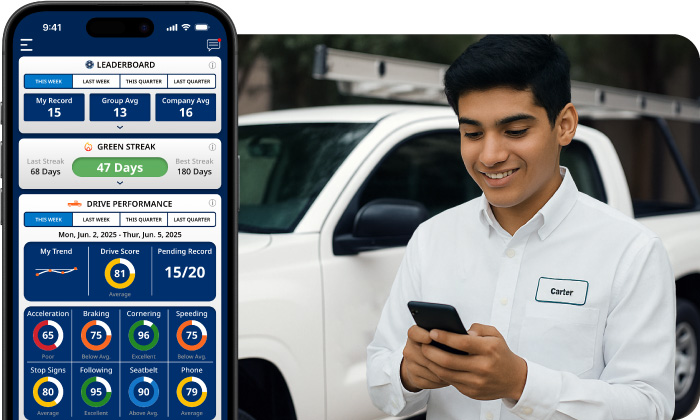 Man using phone app for driving performance tracking.